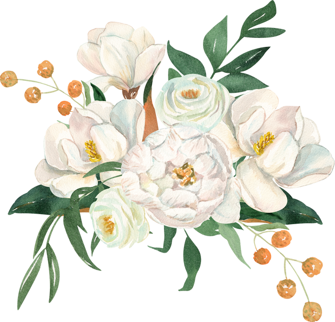 Watercolor white peonies, magnolia and ranunculus bouquet
